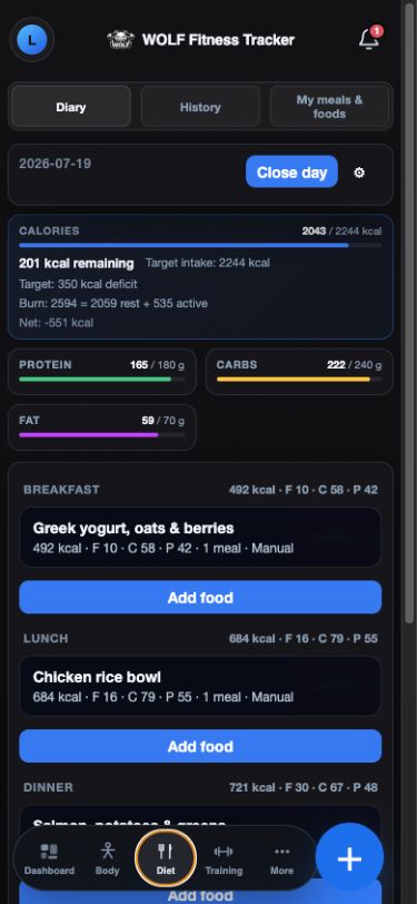 Mobile web Diary showing calorie and macro targets with example meals